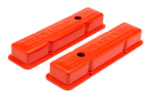 CHEVY 350 LOGO SHORT ORANGE POWDER COATED VALVE COVERS